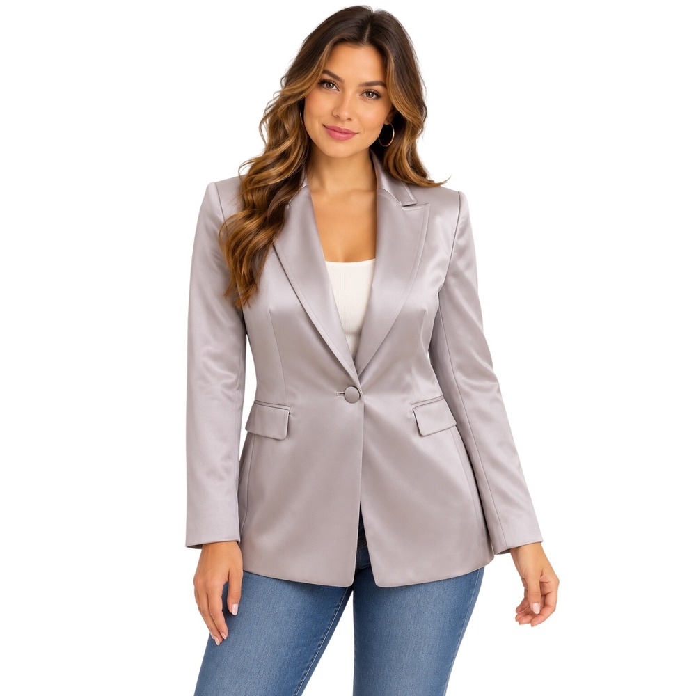 White House Black Market Silver Satin Single Button Blazer Size 4 Pick Stitching